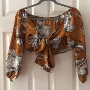 Long-Sleeve Tie Front Floral Crop Top